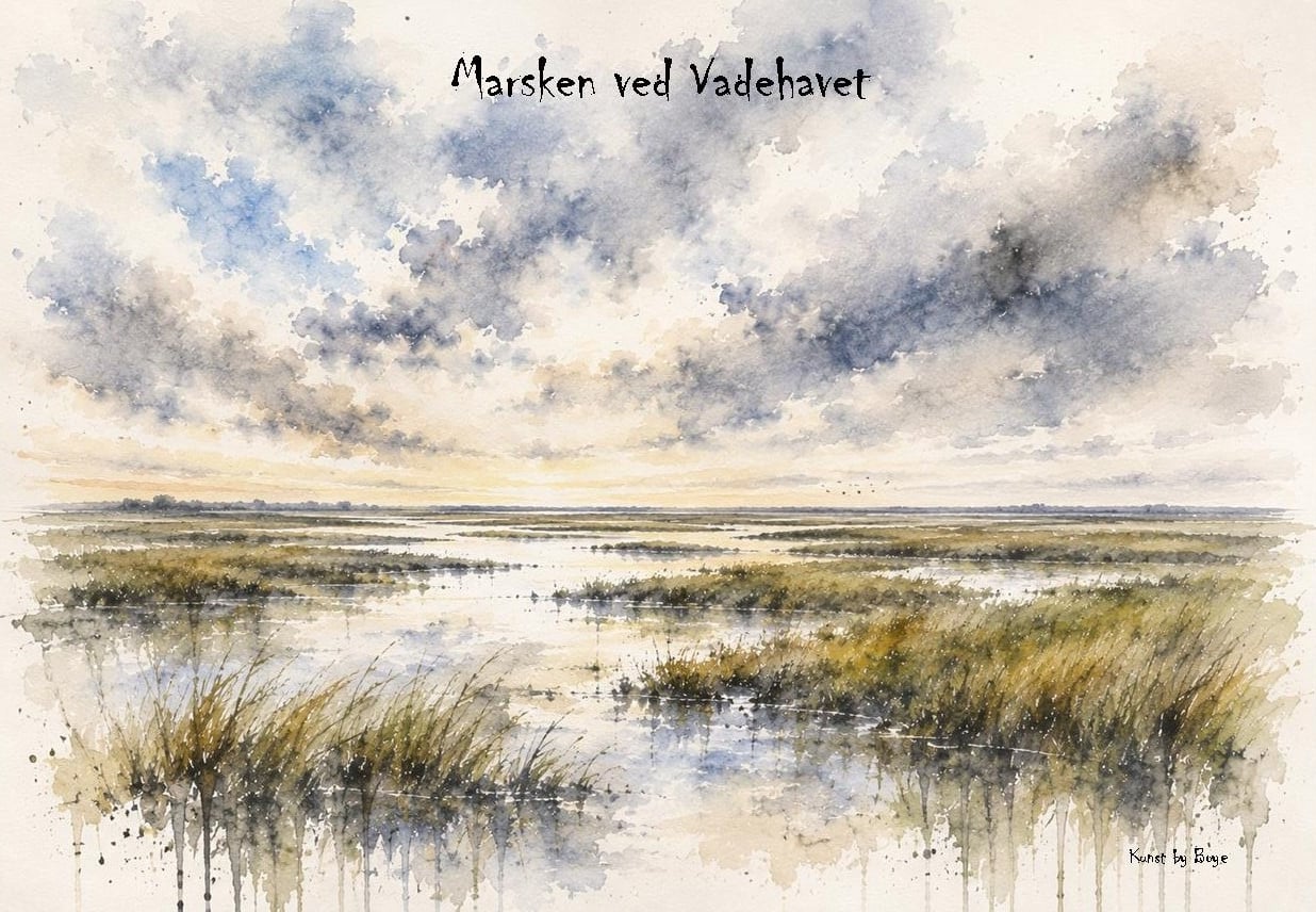 Kunstkort med akvarelmotivet "Marsken ved Vadehavet" af Annette Boye
