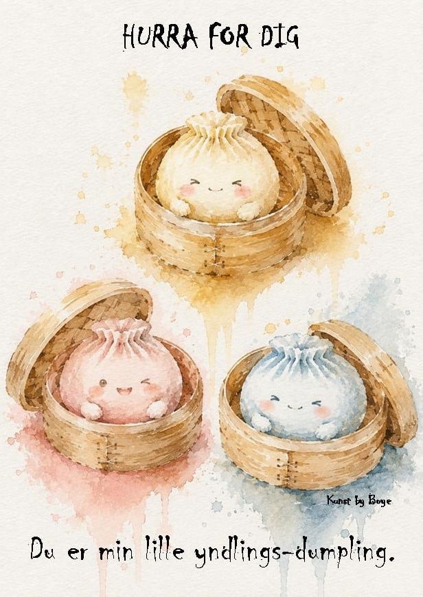 Kunstkort med akvarelmotivet "squishy kawaii dumplings" af Annette Boye
