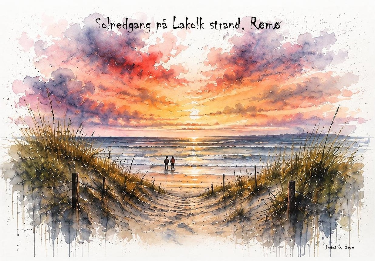 Kunstkort med akvarelmotivet "Solnedgang på Lakolk strand, Rømø" af Annette Boye