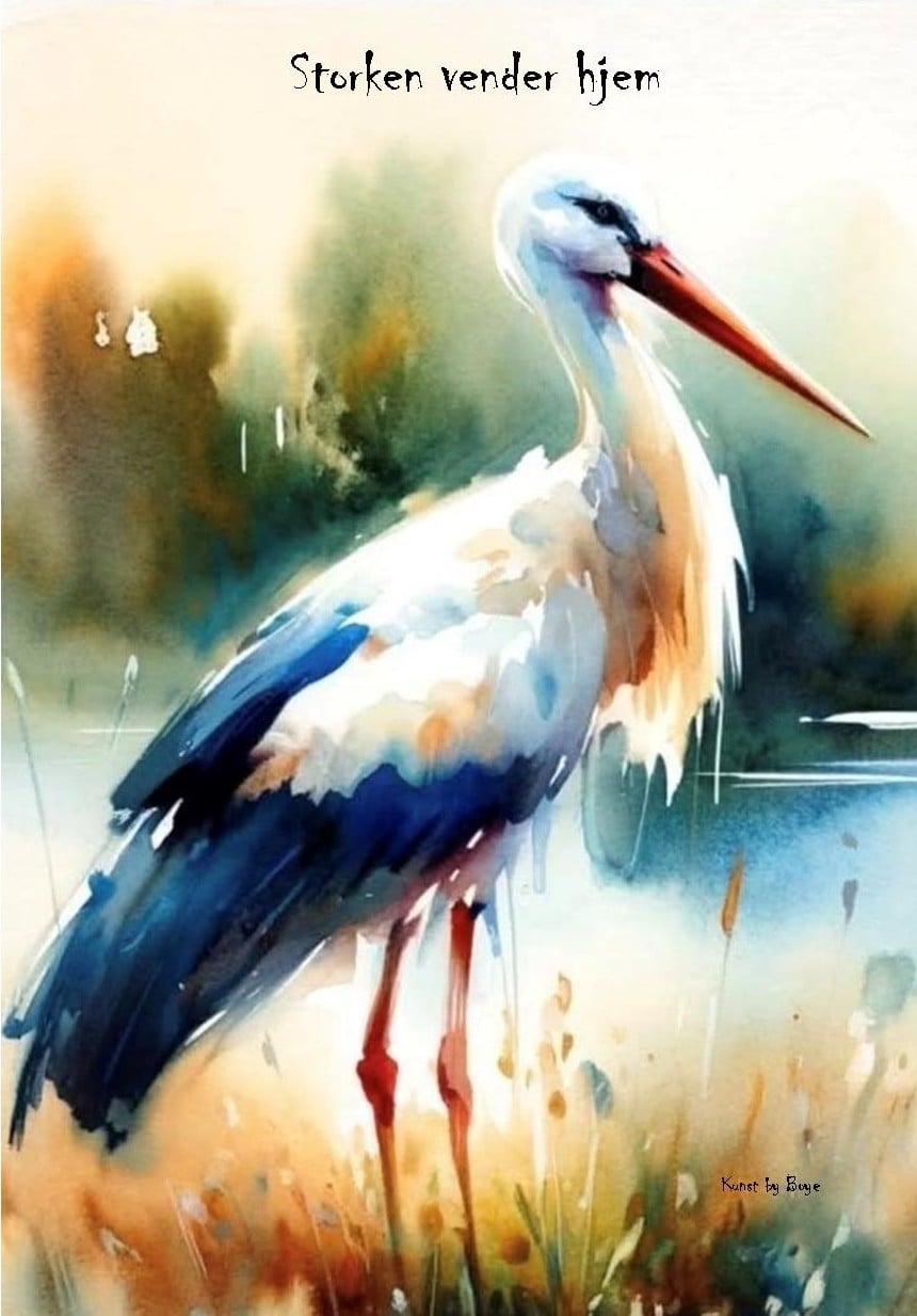 Kunsttryk "Storken vender hjem" efter original akvarel af Annette Boye