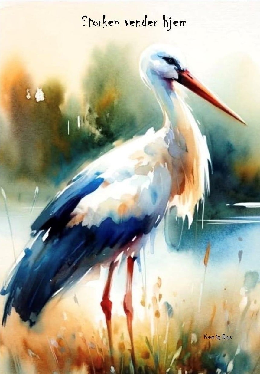 Kunstkort med akvarelmotivet "Storken vender hjem" af Annette Boye