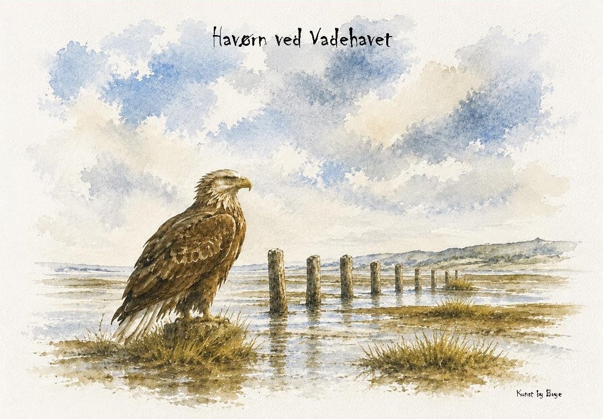 Kunstkort med akvarelmotivet "Havørn ved Vadehavet" af Annette Boye