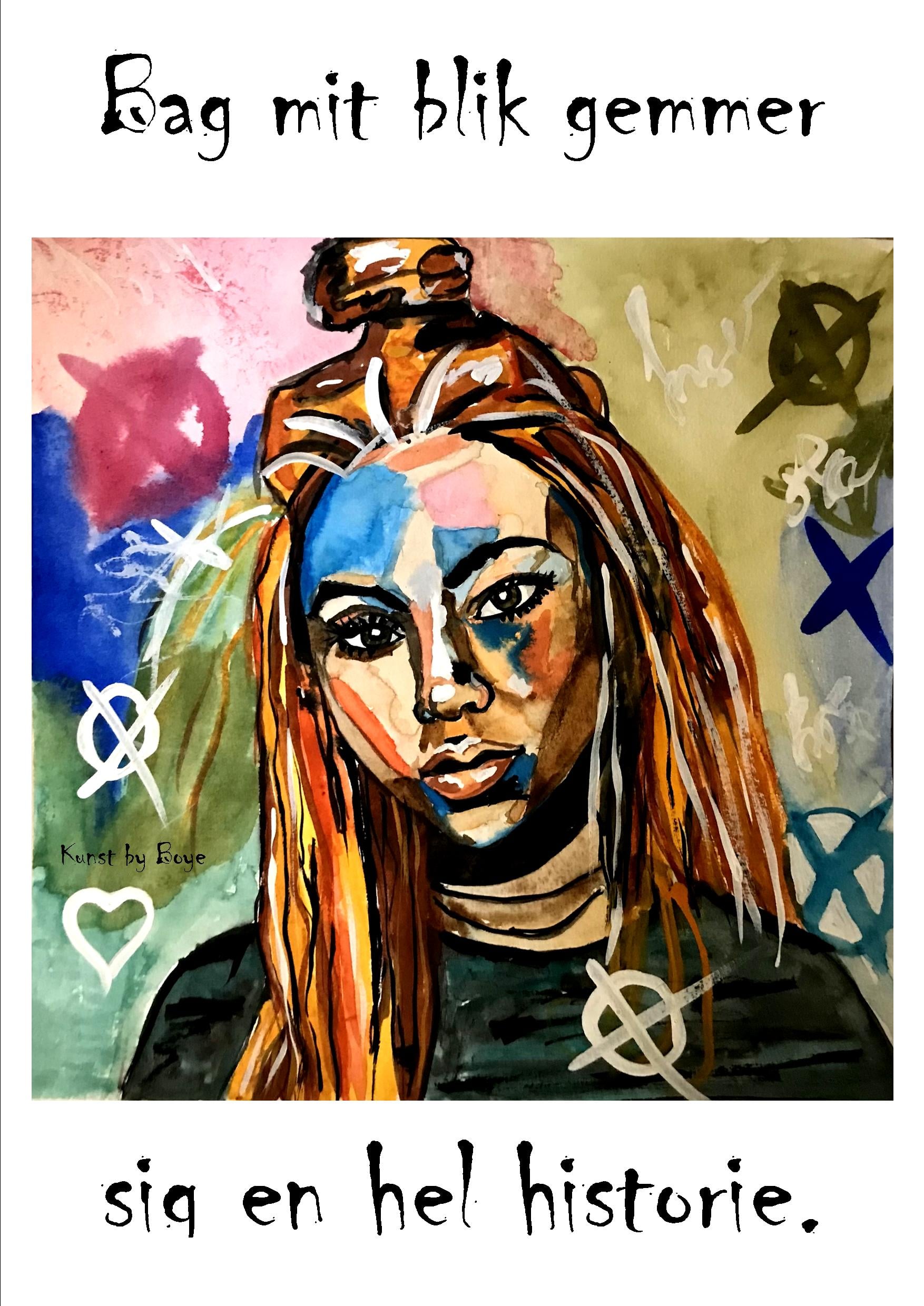 Kunsttryk "Bag mit blik gemmer sig en hel historie" efter original akvarel af Annette Boye Kunsttryk "Bag mit blik gemmer sig en hel historie" efter original akvarel af Annette Boye