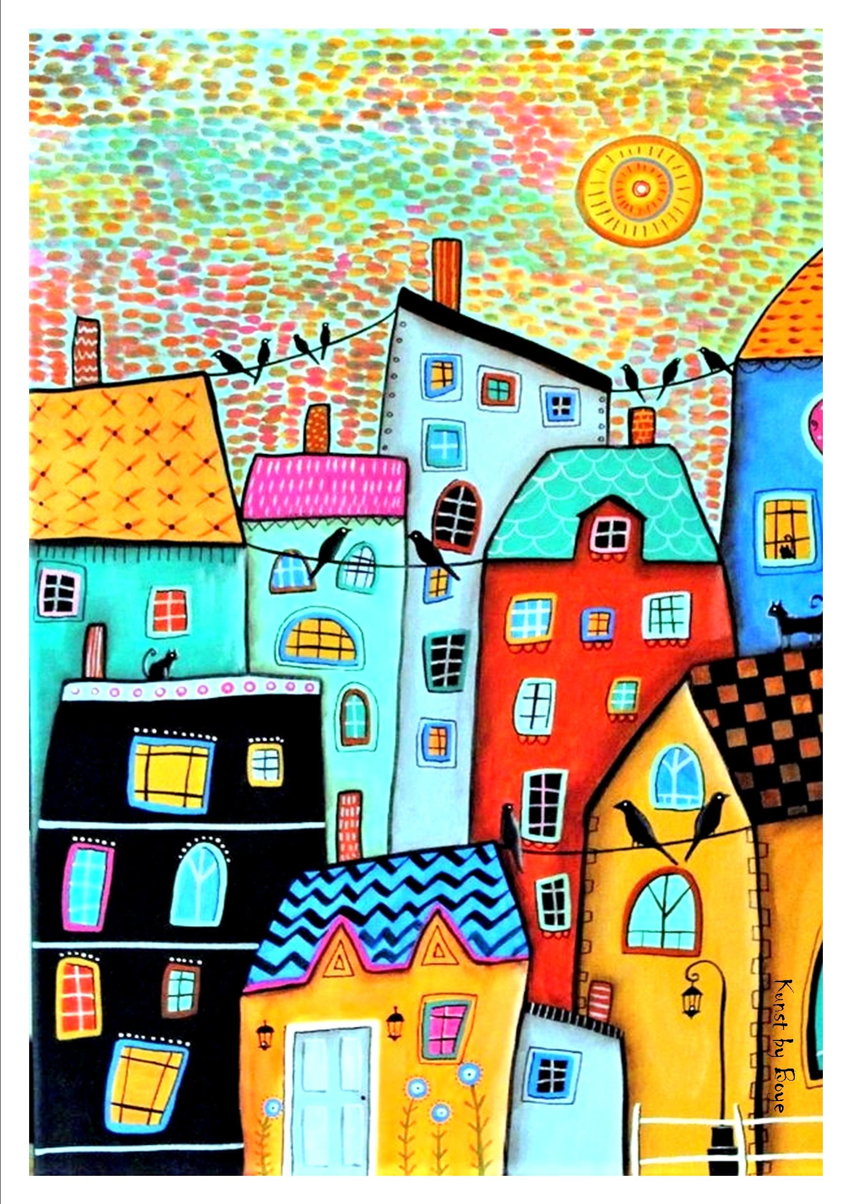Kunsttryk "Sommerbyen" efter original akvarel af Annette Boye Kunsttryk "Sommerbyen" efter original akvarel af Annette Boye