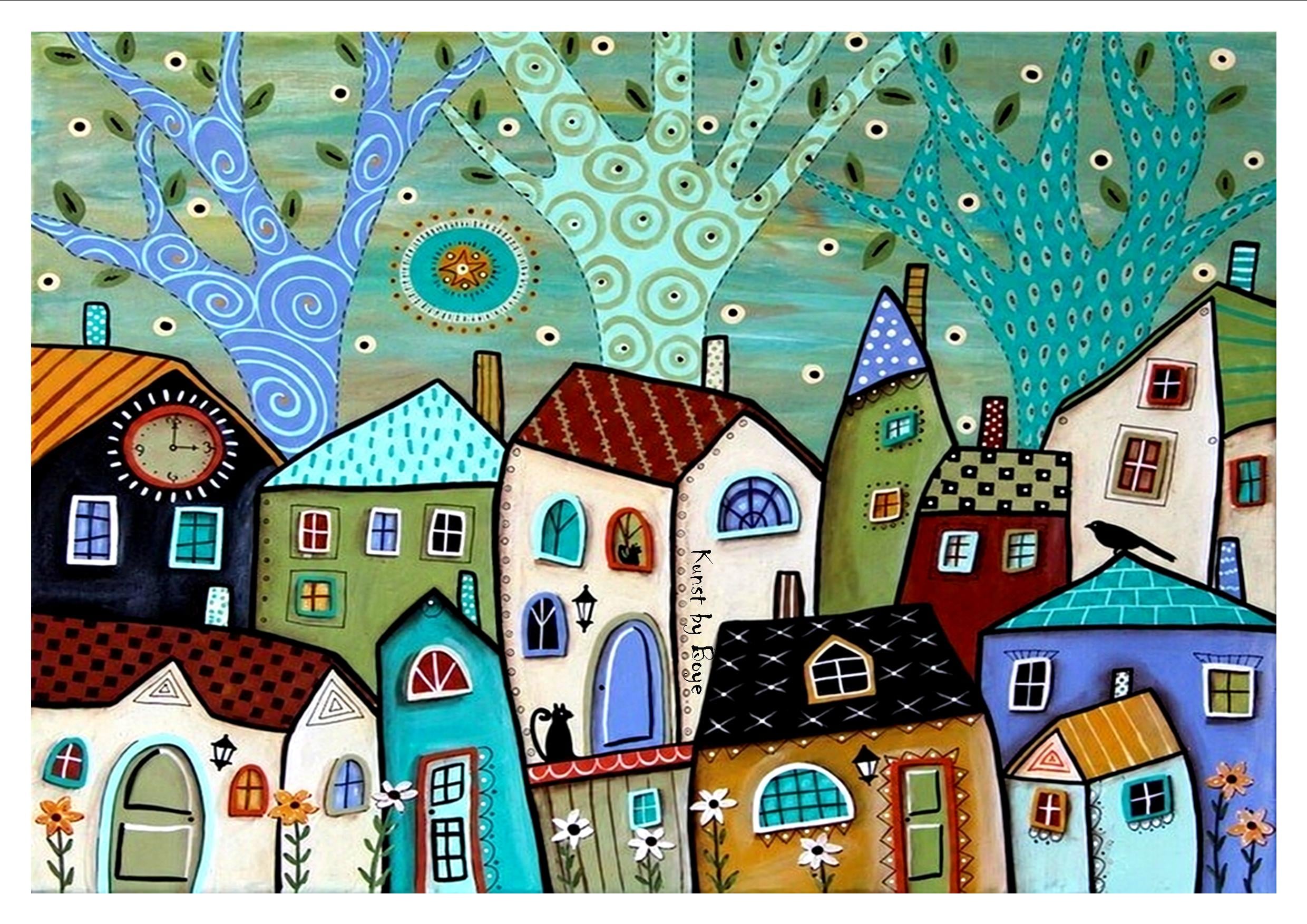 Kunsttryk "Byen" efter original akvarel af Annette Boye Kunsttryk "Byen" efter original akvarel af Annette Boye