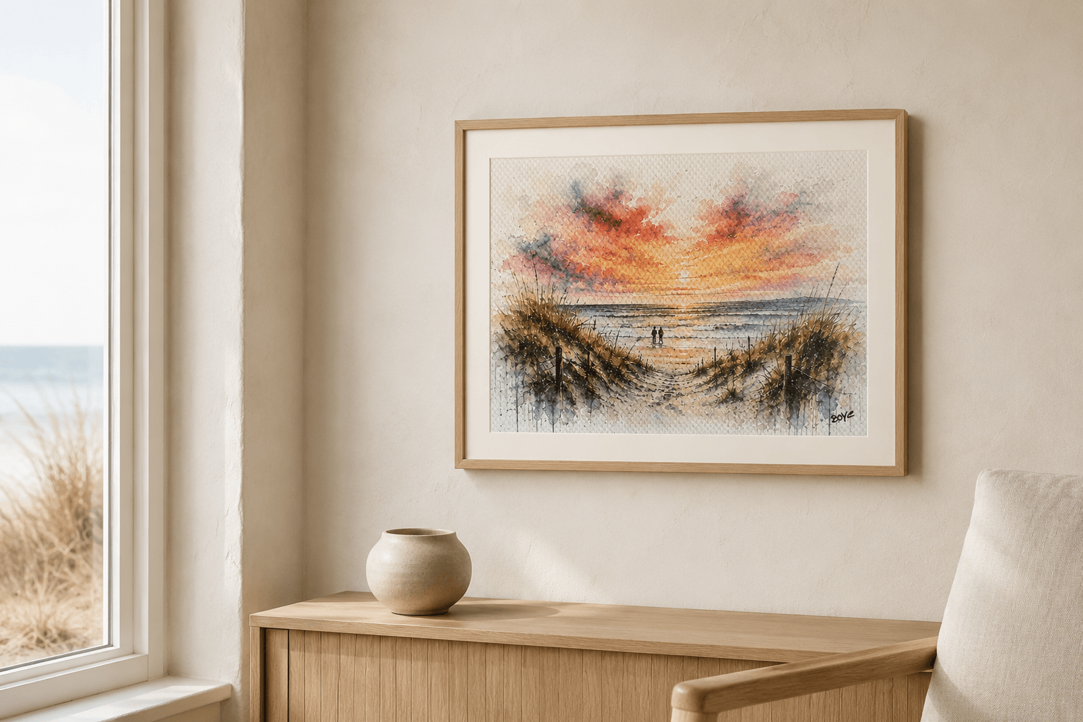 Akvarellen "Solnedgang på Lakolk Strand, Rømø" af Annette Boye vist i boligindretning Akvarellen "Solnedgang på Lakolk Strand, Rømø" af Annette Boye vist i boligindretning