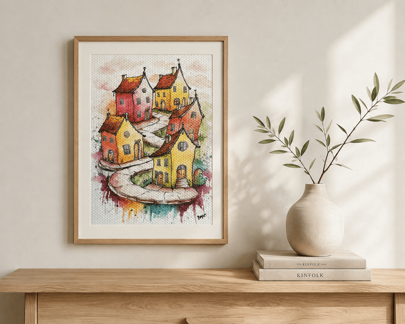 Håndmalet akvarel af De Skæve Huse – Kunst by Boye