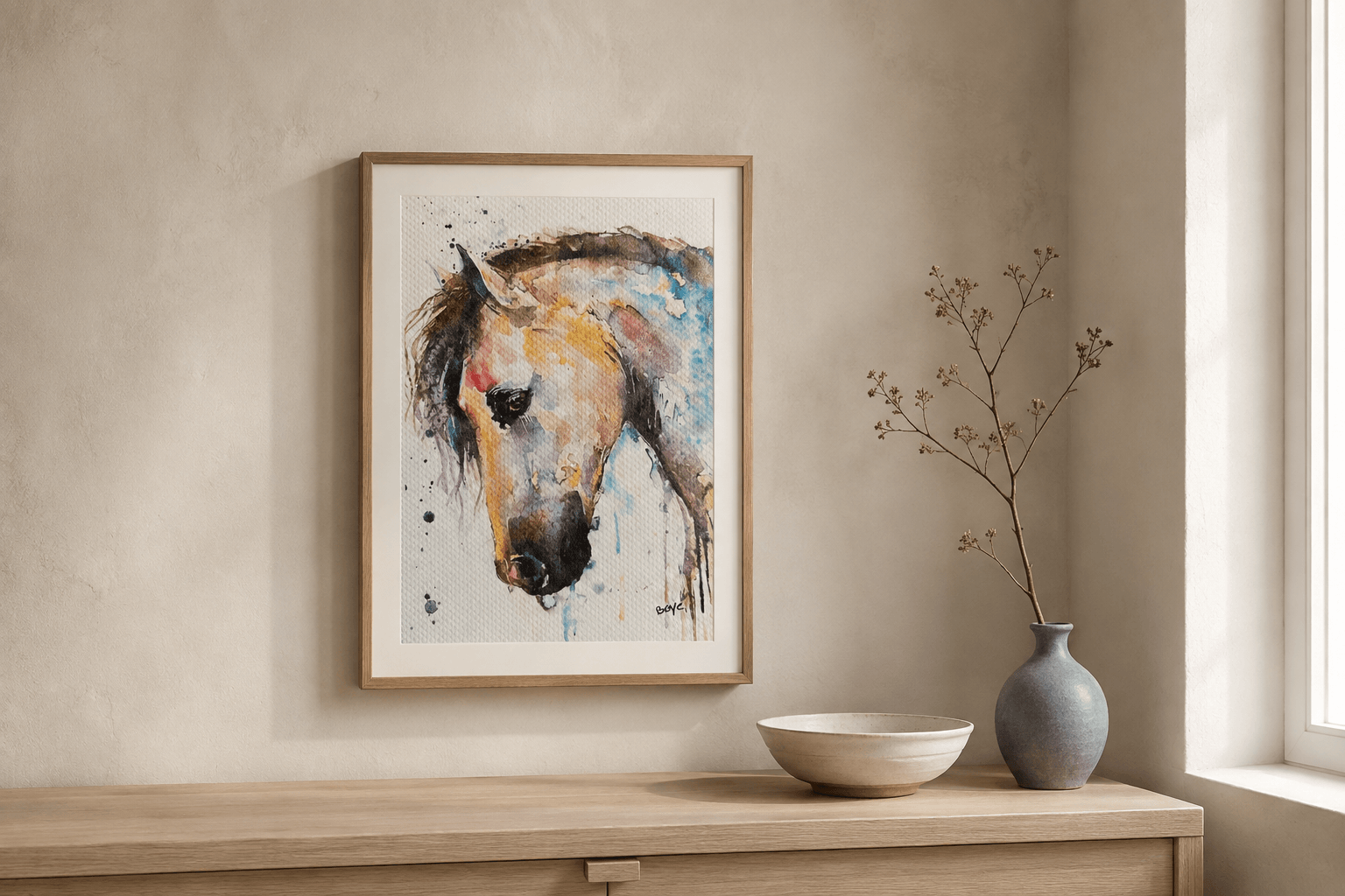 Håndmalet akvarel af Vind i manken – Kunst by Boye