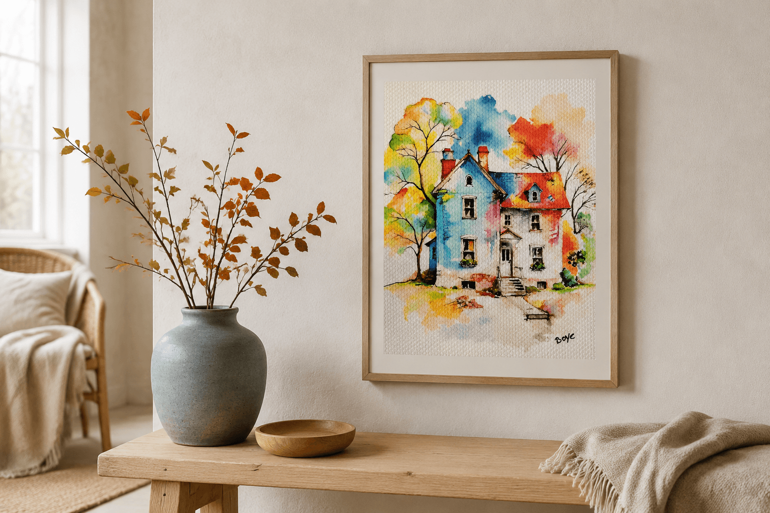Håndmalet akvarel af Det farverige hus – Kunst by Boye