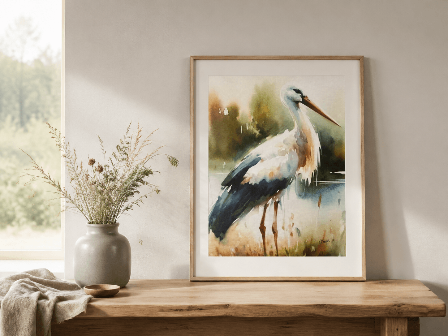Håndmalet akvarel af Storken vender hjem – Kunst by Boye