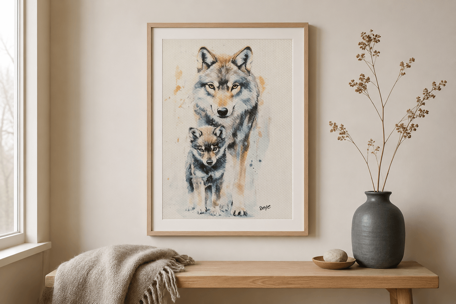 Håndmalet akvarel af Ulv med unge – Kunst by Boye