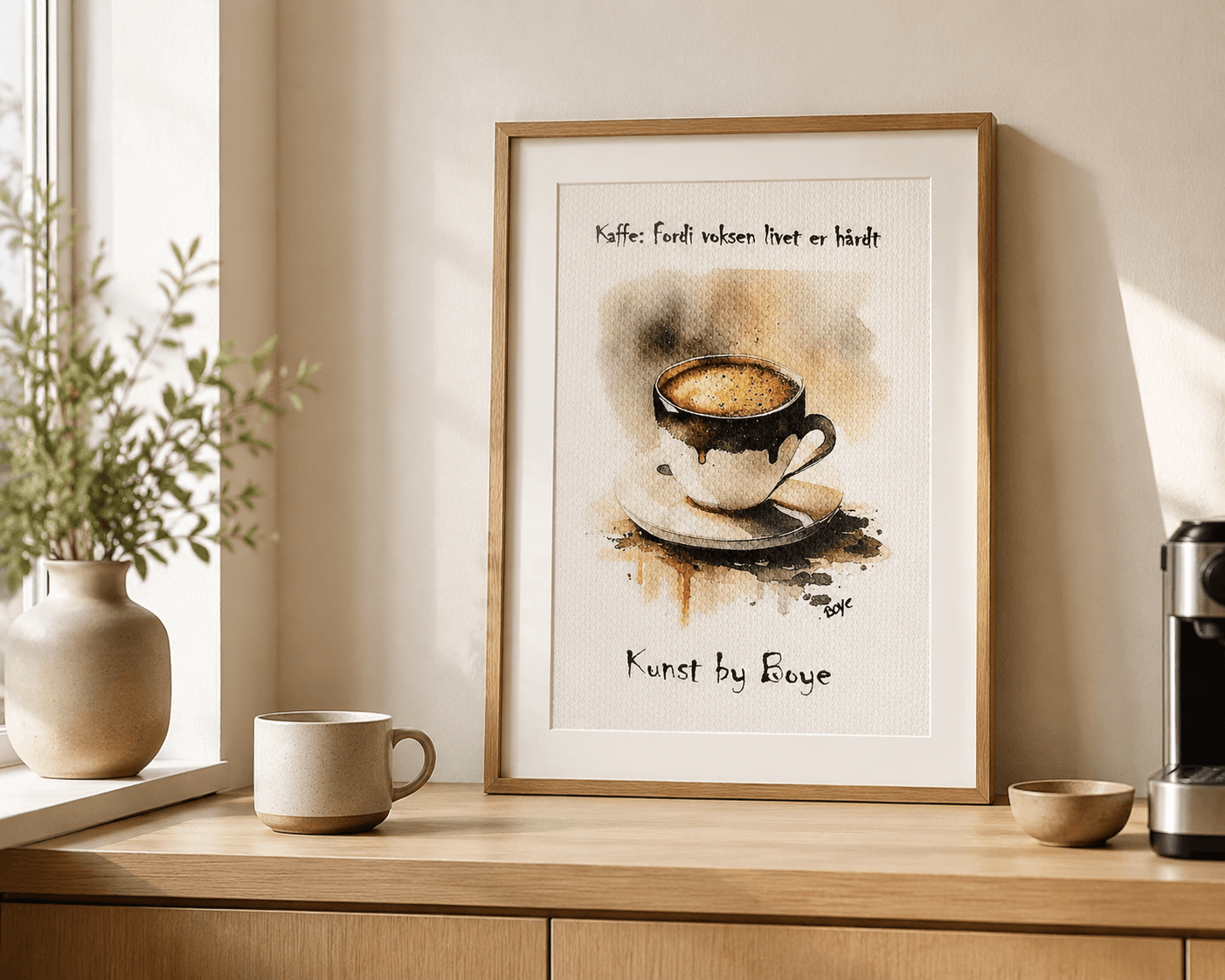Håndmalet akvarel af Kaffe: fordi voksen livet er hårdt – Kunst by Boye