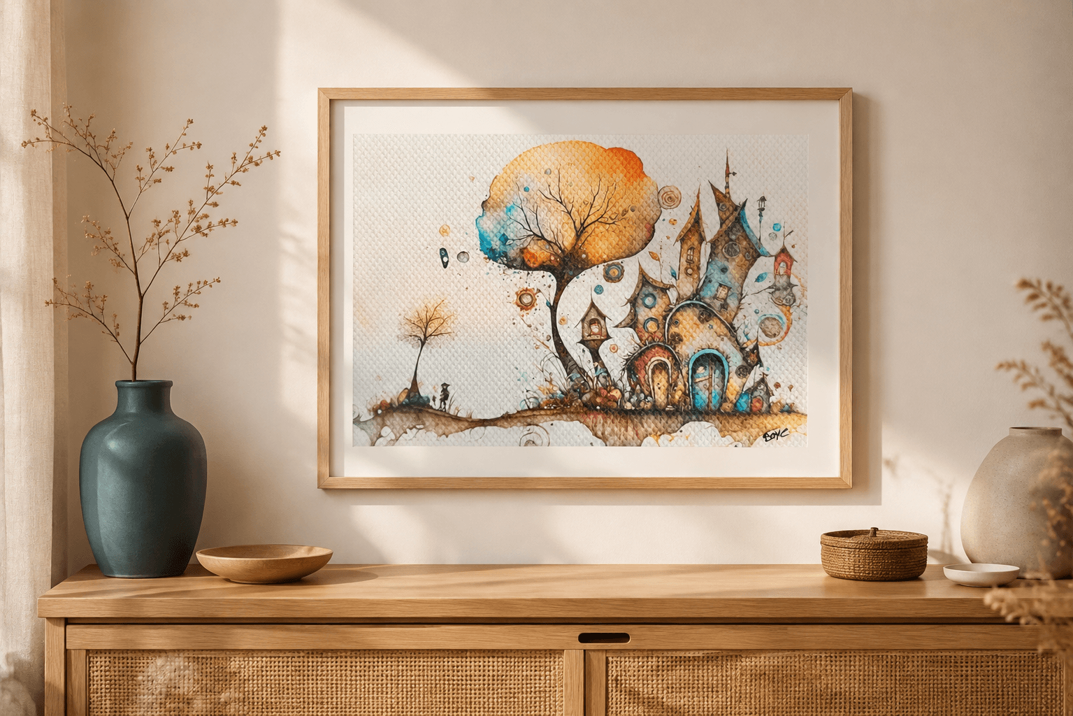 Håndmalet akvarel af Fantasi byen – Kunst by Boye