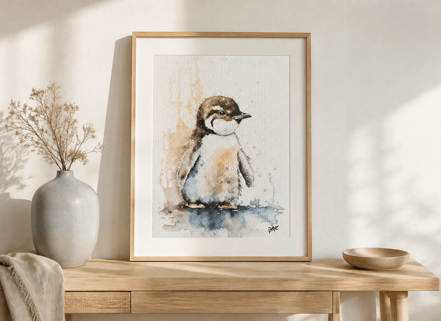 Håndmalet akvarel af Pingvin unge – Kunst by Boye