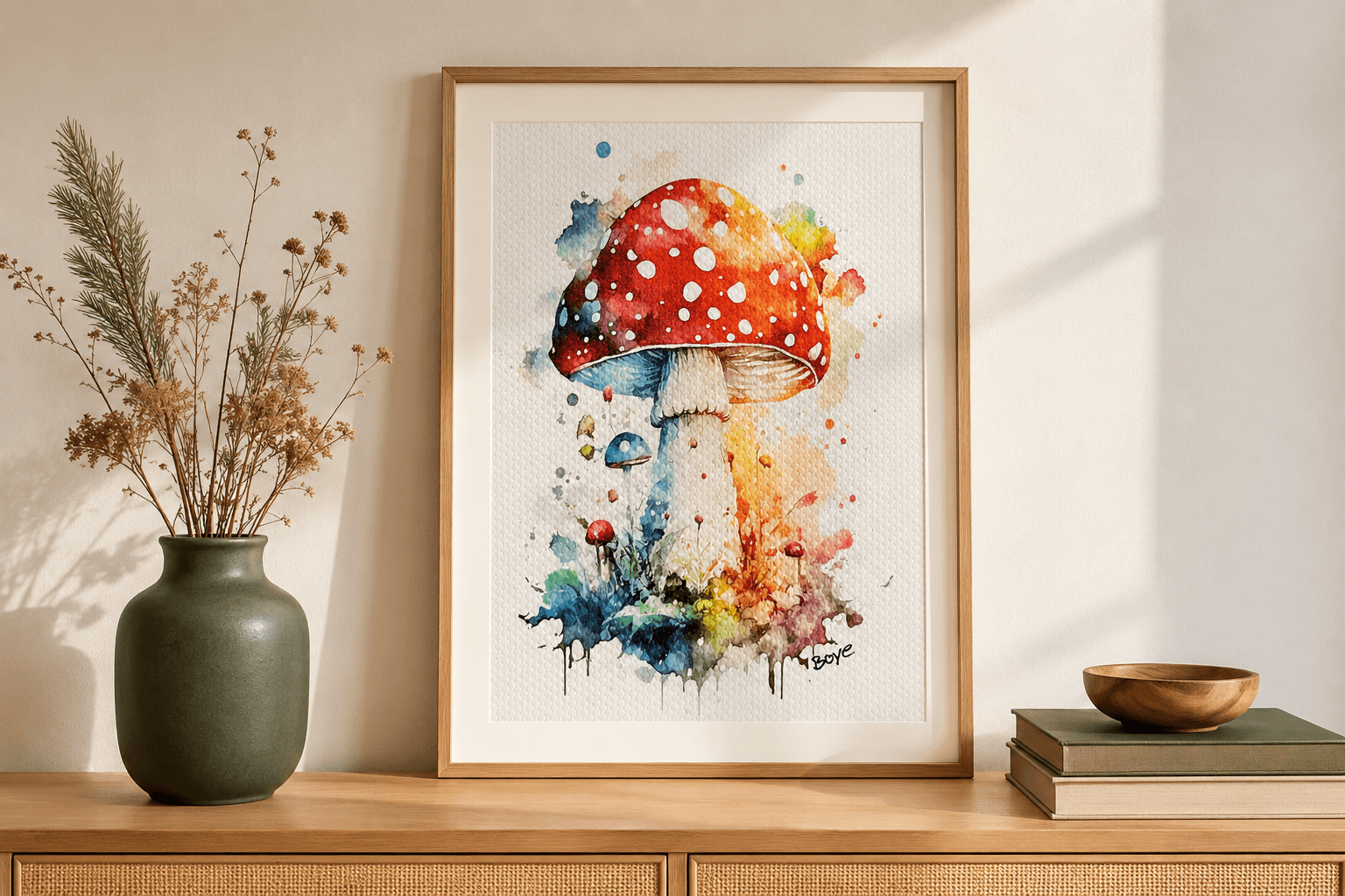 Håndmalet akvarel af Svamp i rød – Kunst by Boye