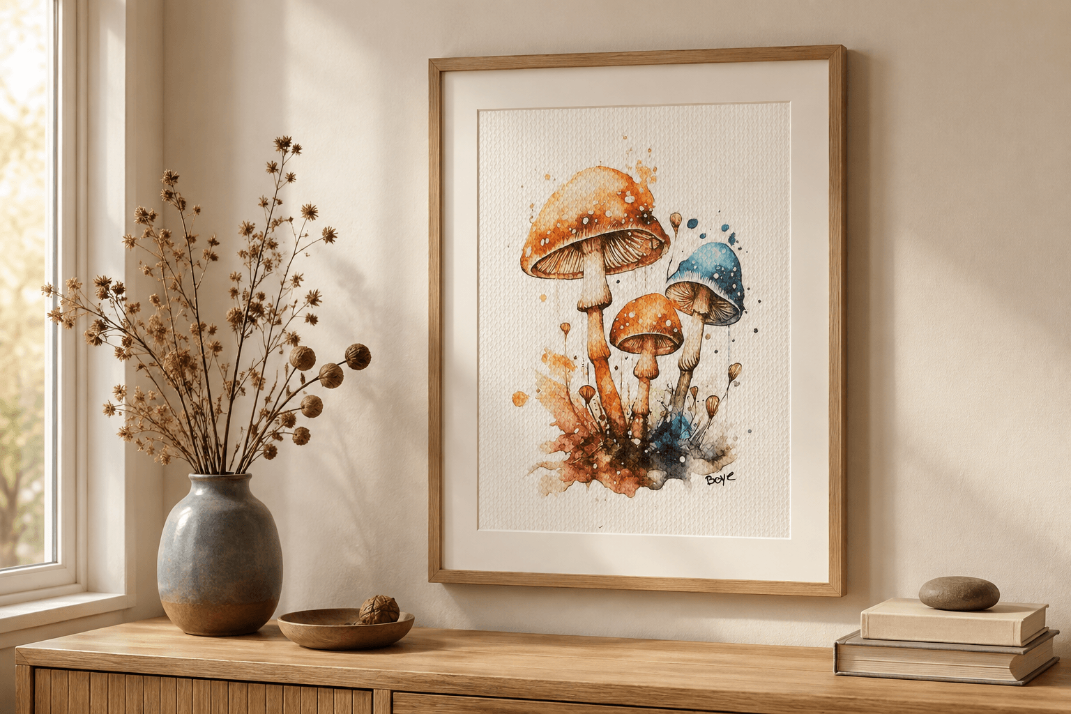 Håndmalet akvarel af Blålig og orange svampe – Kunst by Boye