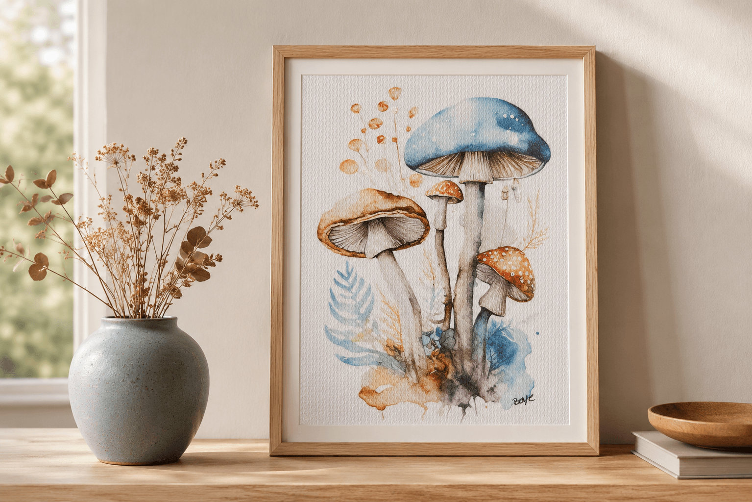 Håndmalet akvarel af Turkis og orange svampe – Kunst by Boye