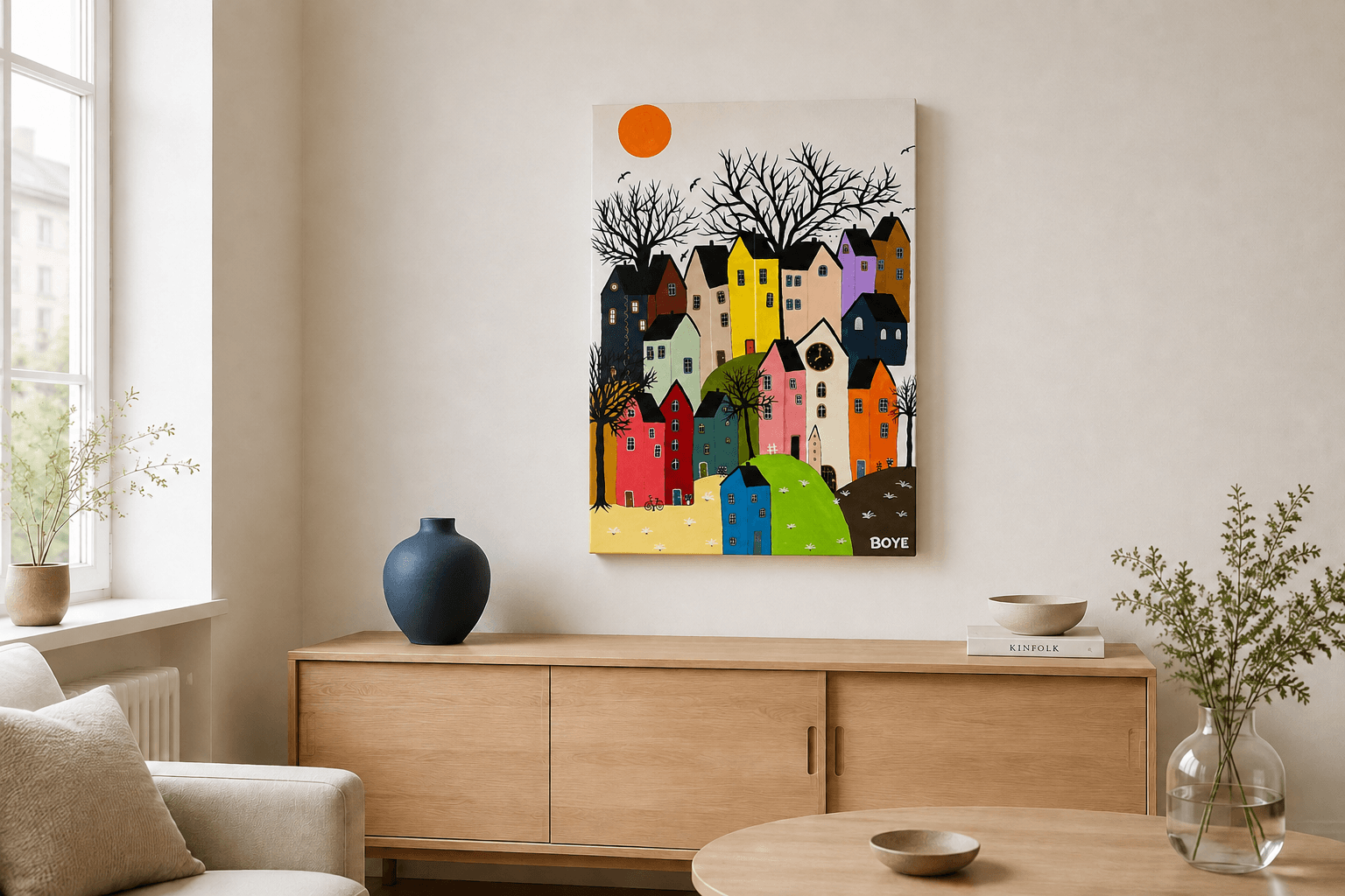 Akrylmaleriet "Den farverige by" af Annette Boye vist i boligindretning