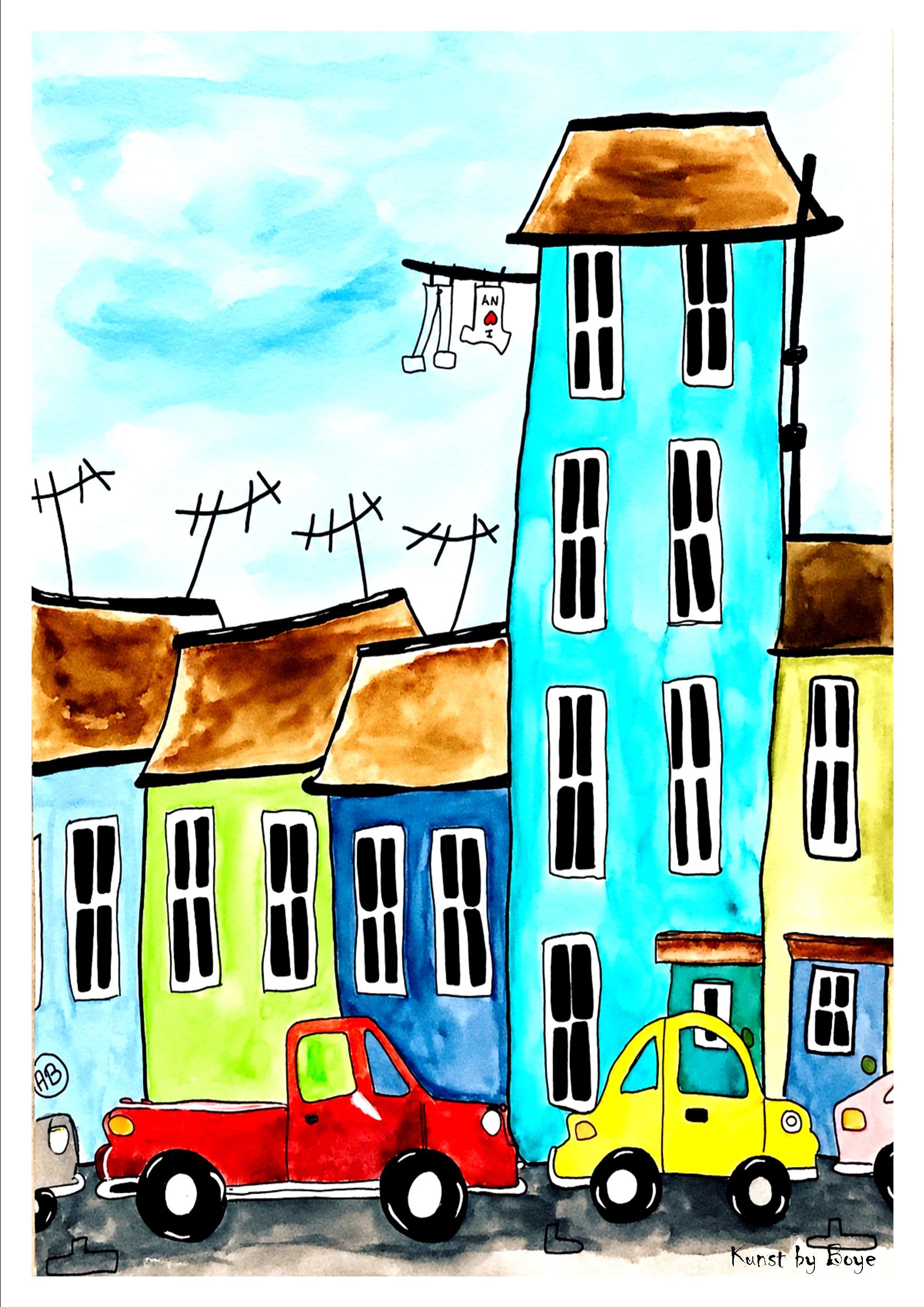 Kunsttryk "Den gamle bydel" efter original akvarel af Annette Boye Kunsttryk "Den gamle bydel" efter original akvarel af Annette Boye