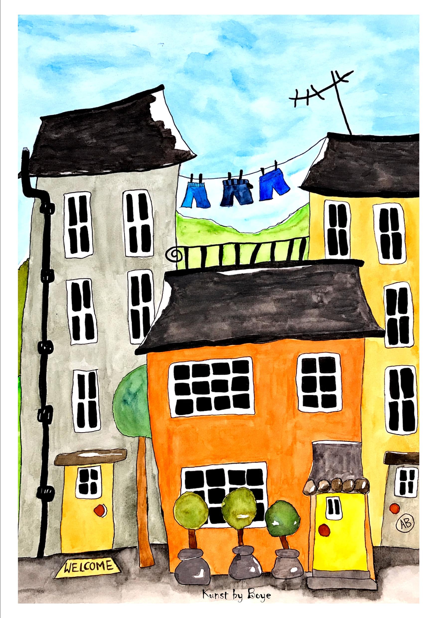 Kunsttryk "Den gamle by" efter original akvarel af Annette Boye Kunsttryk "Den gamle by" efter original akvarel af Annette Boye