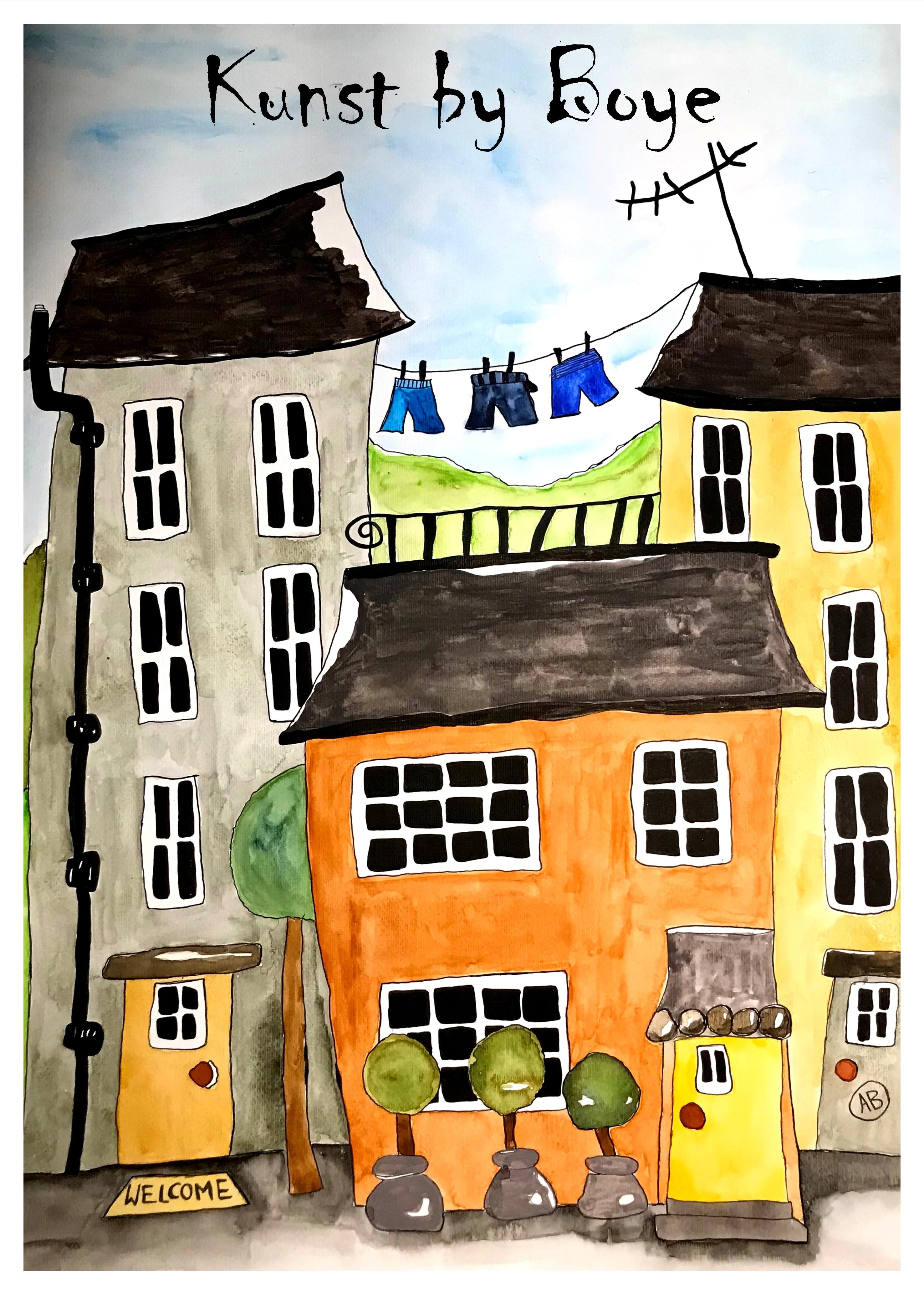Kunsttryk "Den gamle by" efter original akvarel af Annette Boye