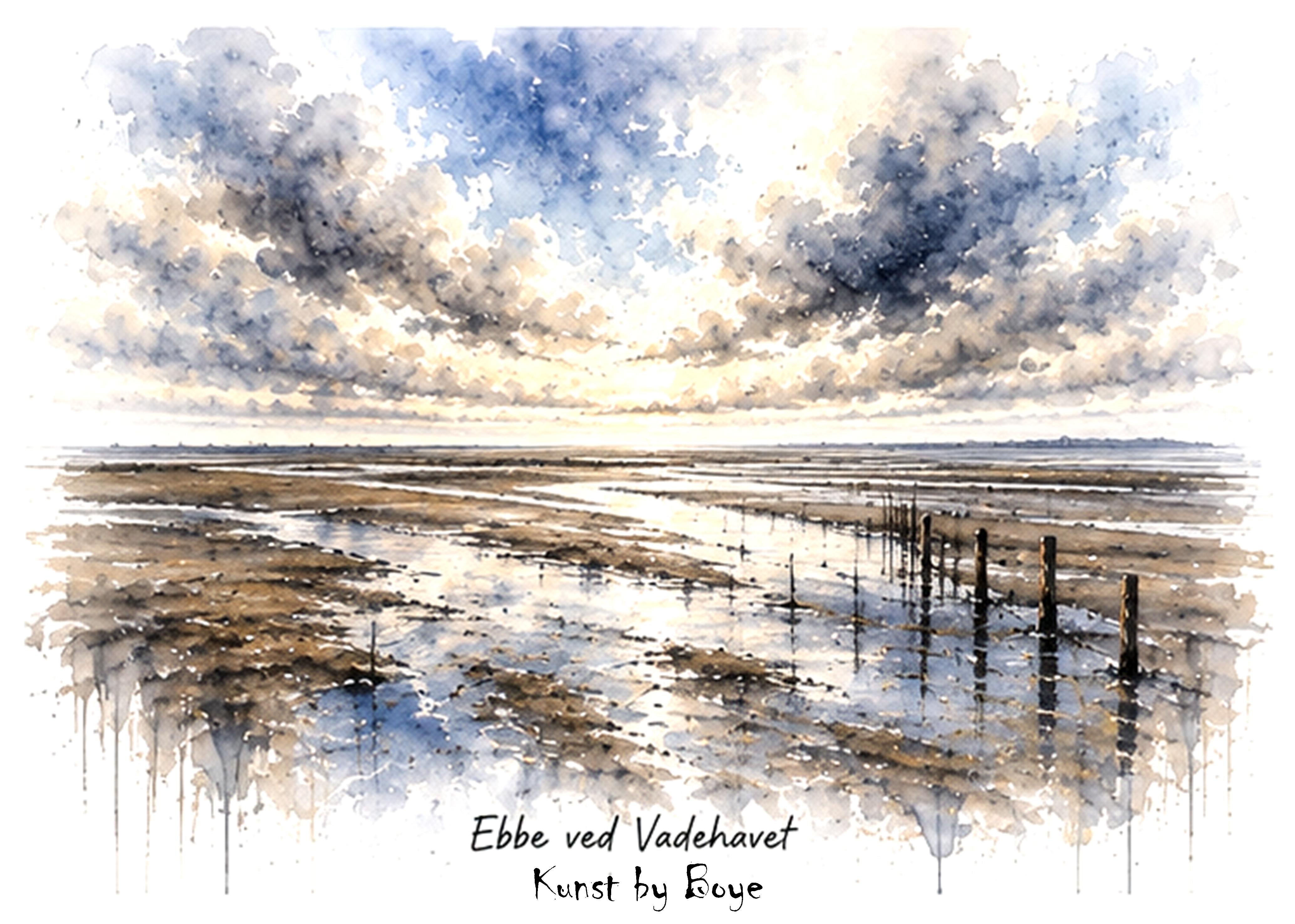 Kunstkort med akvarelmotivet "Vadehavet – Ebbe" af Annette Boye