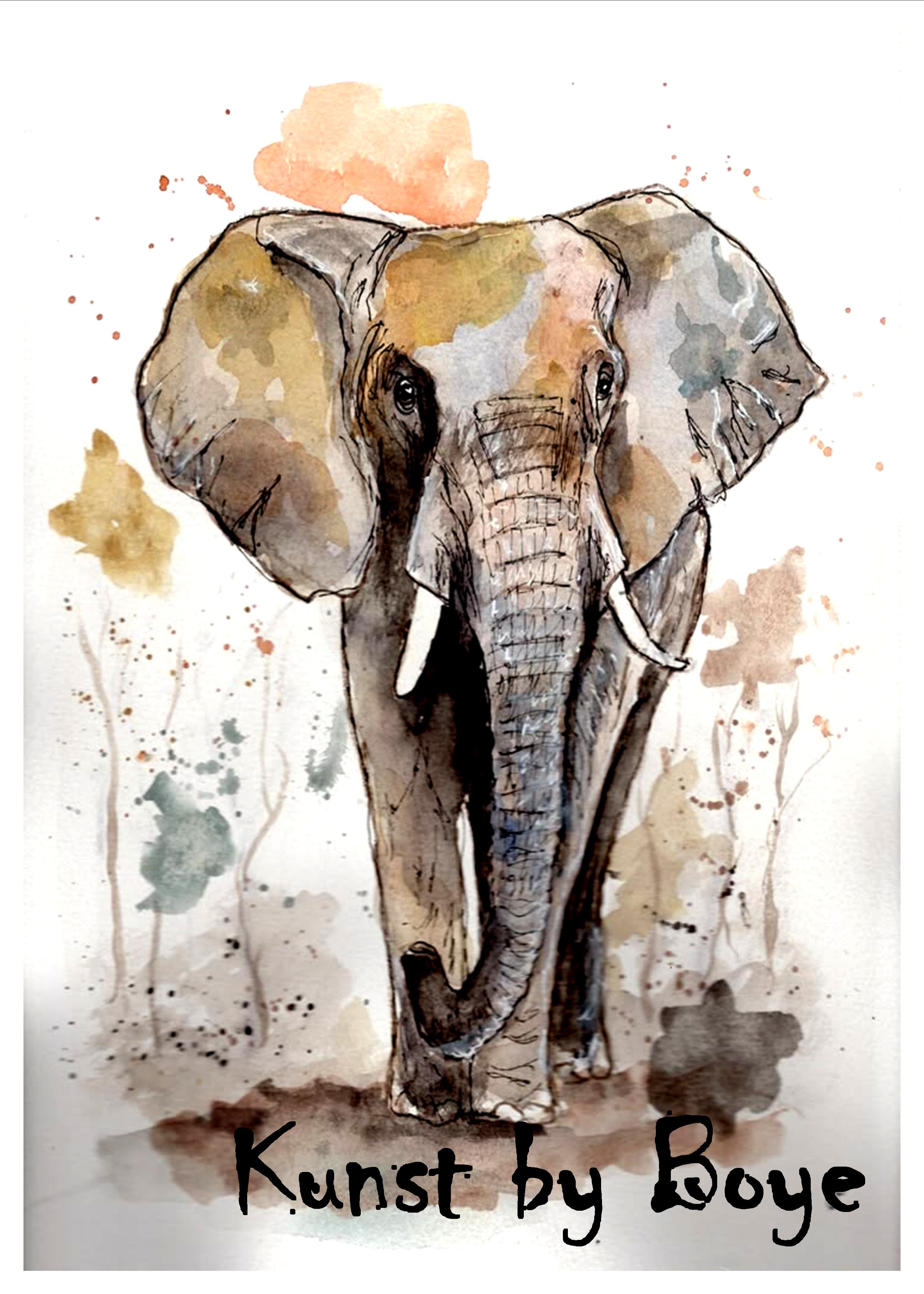 Kunsttryk "Elefant" efter original akvarel af Annette Boye