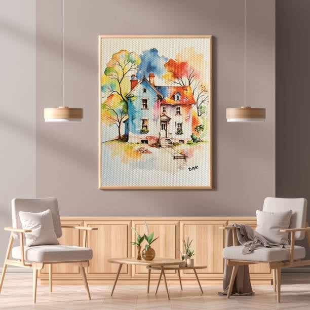 Håndmalet akvarel af Det farverige hus – Kunst by Boye