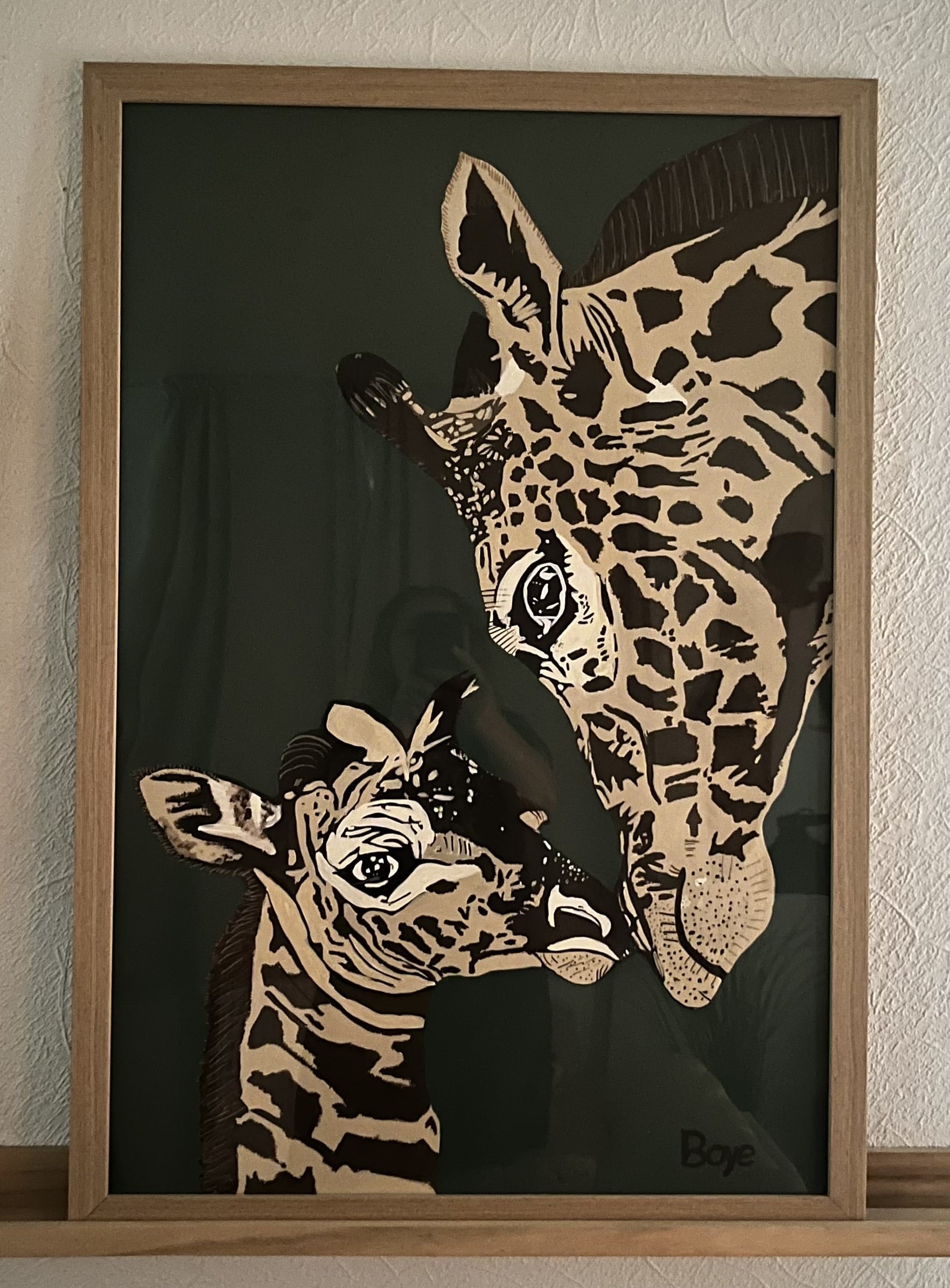 Giraf med unge malet med akryl på akryl papir 60x90 cm med en grønlig bargrund 1195,-kr