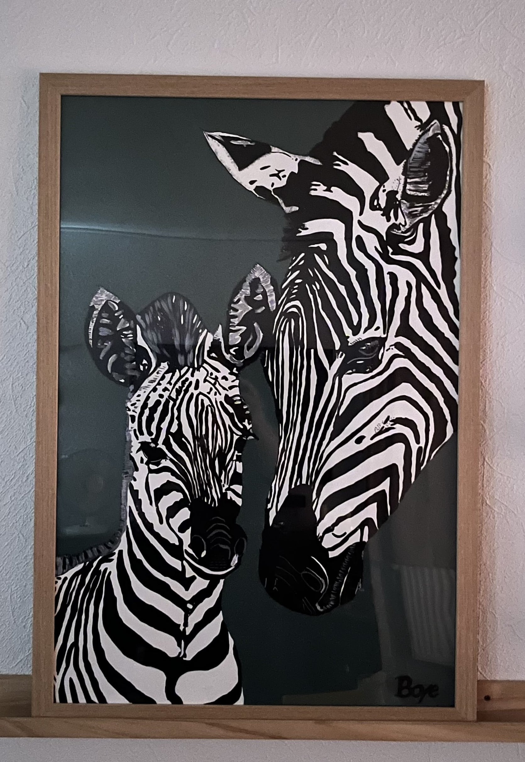 Zebra med unge malet med akryl på akryl papir 60x90 cm med en grønlig bargrund 1195,-kr