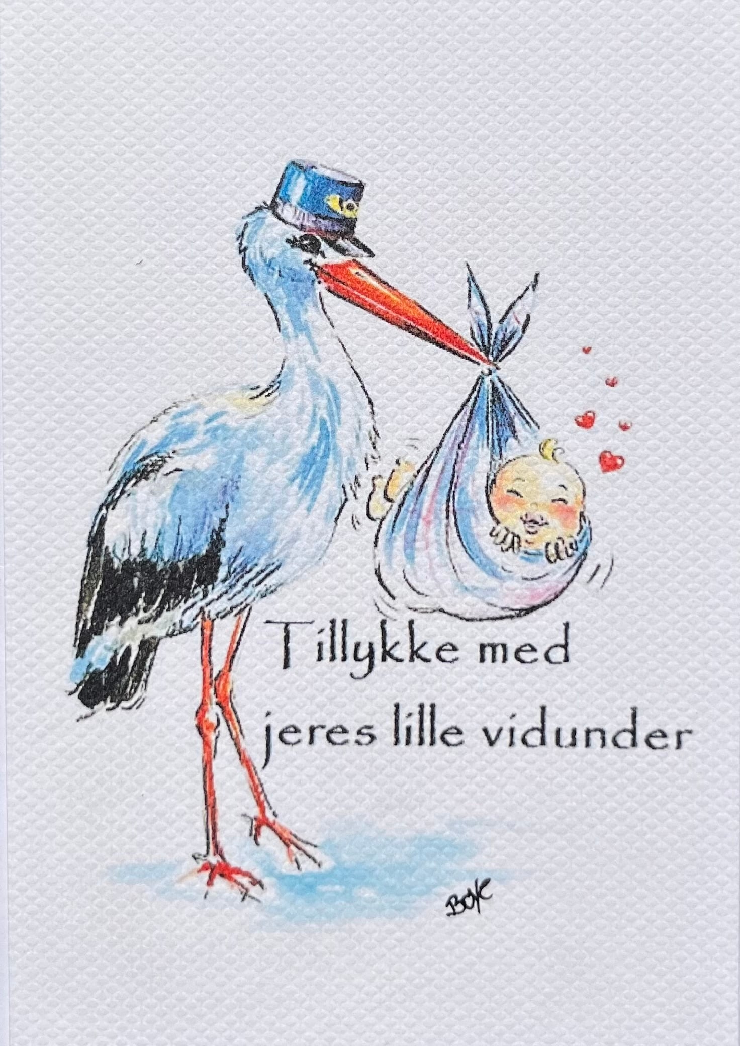 Kunstkort med akvarelmotivet "Tillykke med jeres lille vidunder" af Annette Boye