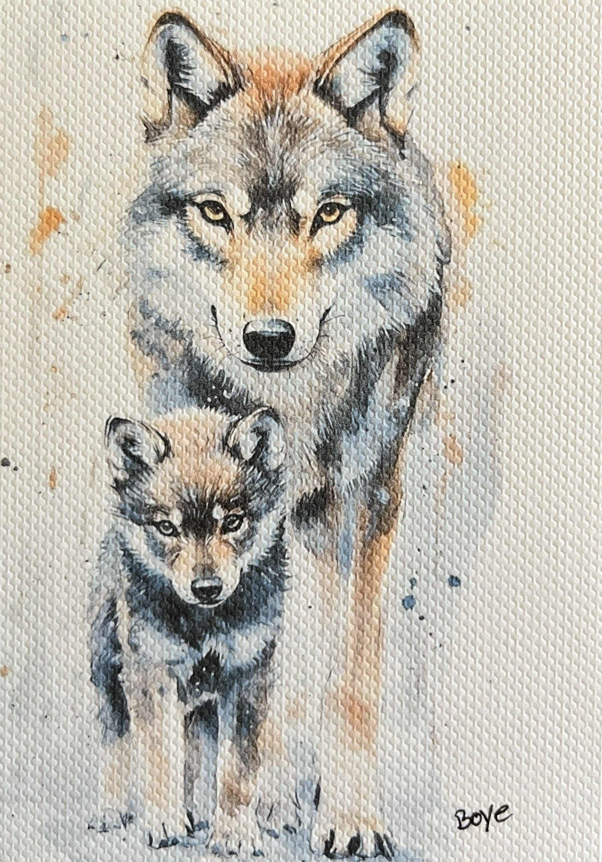 Håndmalet akvarel af Ulv med unge – Kunst by Boye