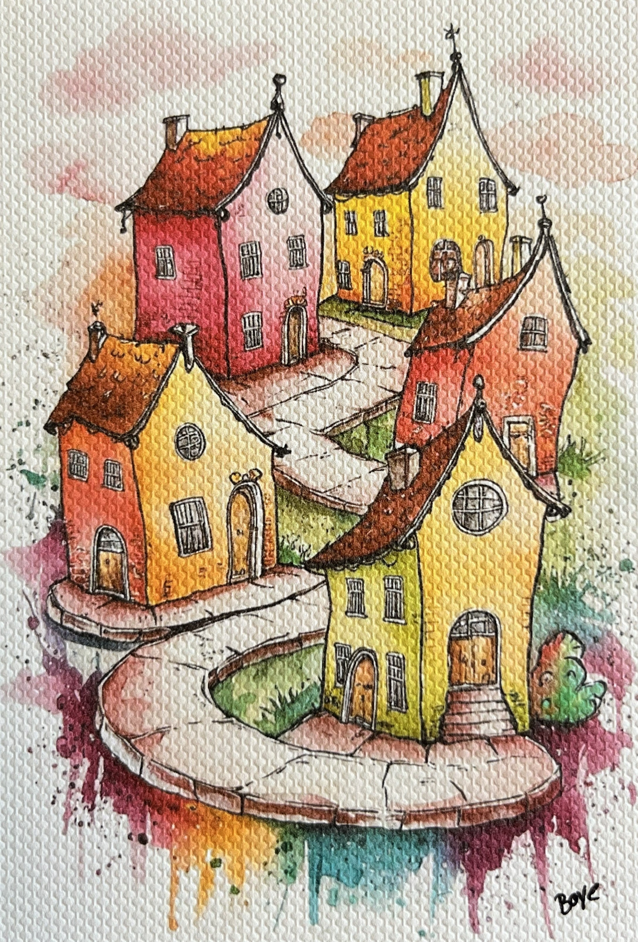 Håndmalet akvarel af De Skæve Huse – Kunst by Boye