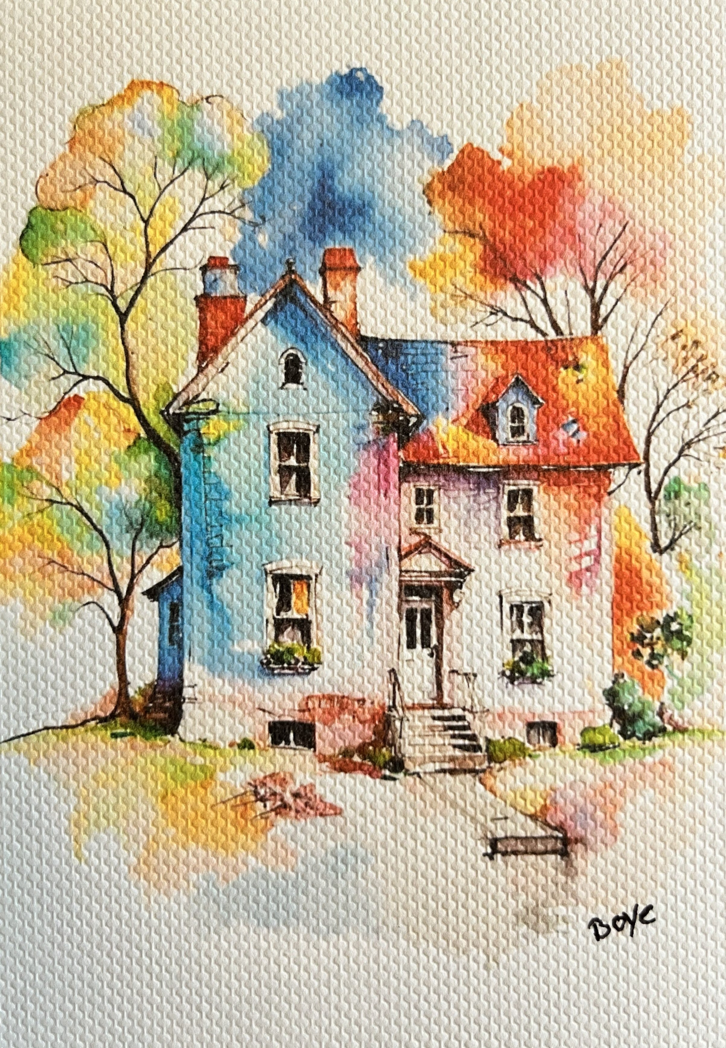 Håndmalet akvarel af Det farverige hus – Kunst by Boye
