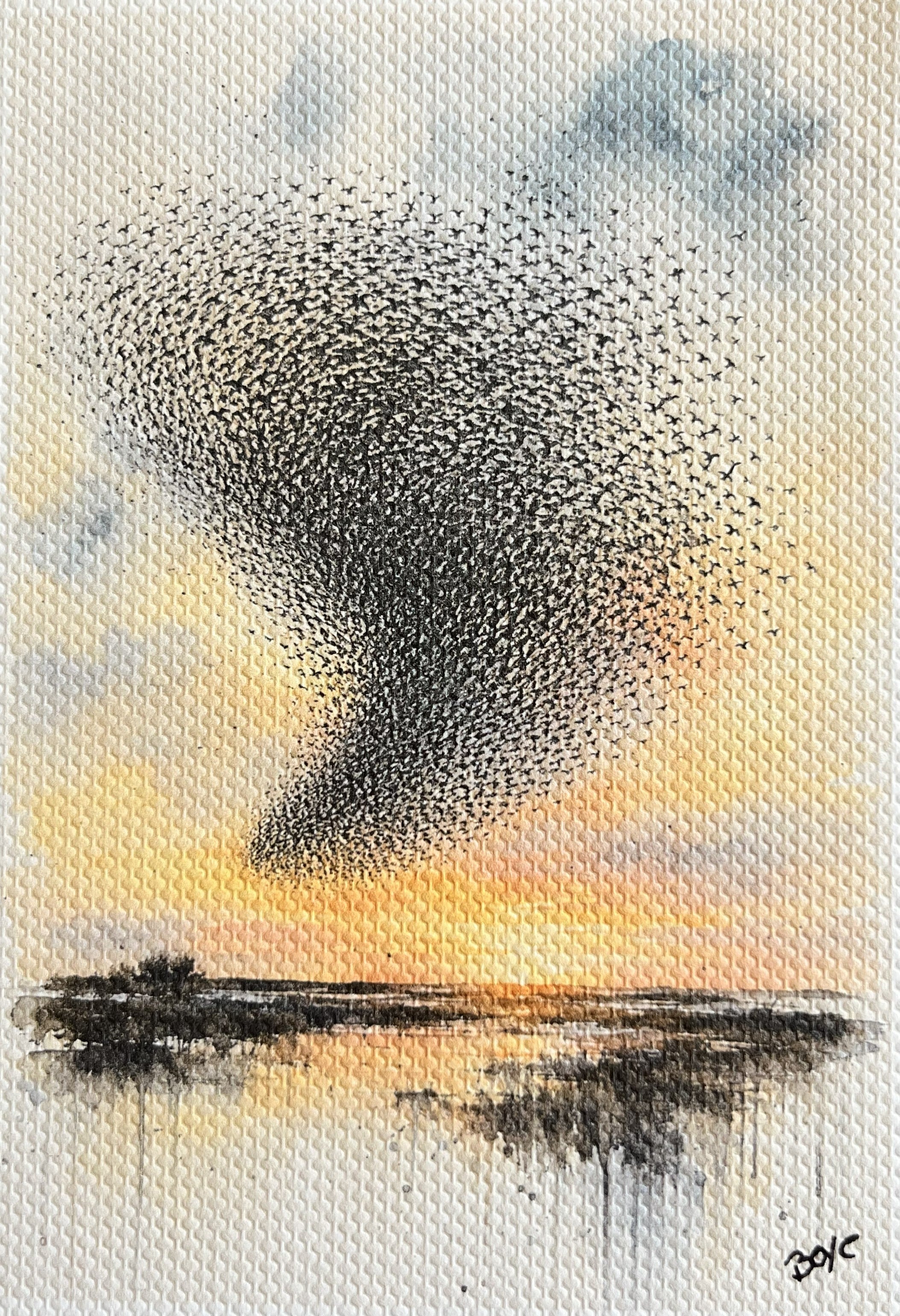 Håndmalet akvarel af sort sol over Vadehavet – Kunst by Boye Håndmalet akvarel af sort sol over Vadehavet – Kunst by Boye