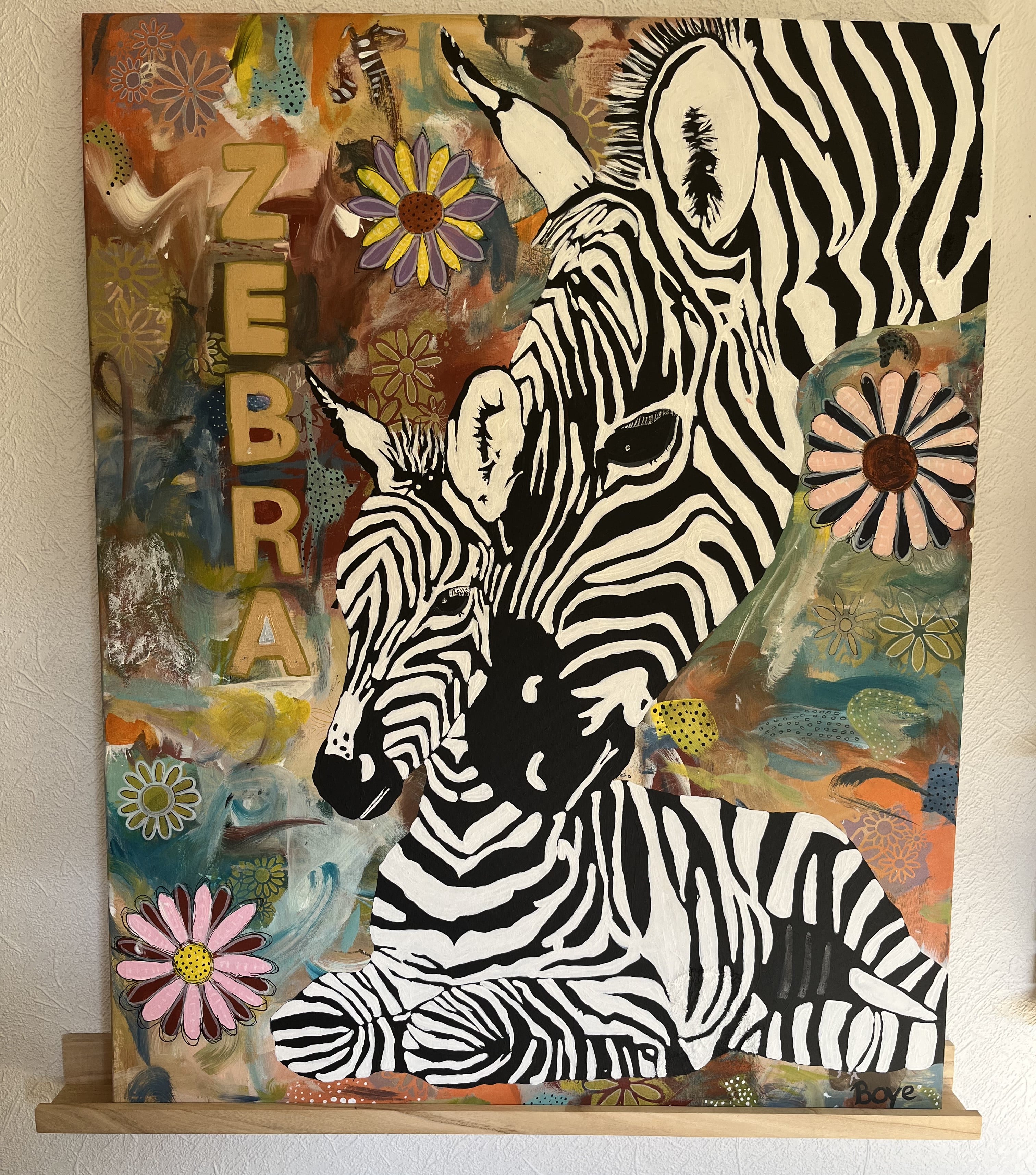 Zebra med unge på abstrakt baggrund malet med akryl på lærred, størrelse 80x100 cm pris 2195,-kr