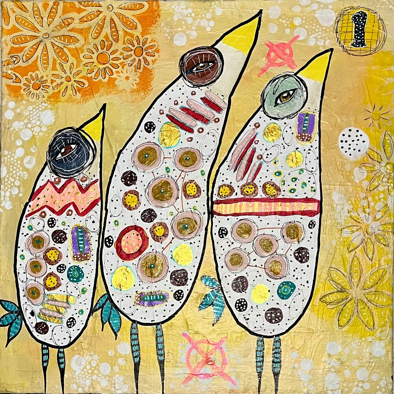 40x40 cm sjove fugle på lærred pris 475,-kr