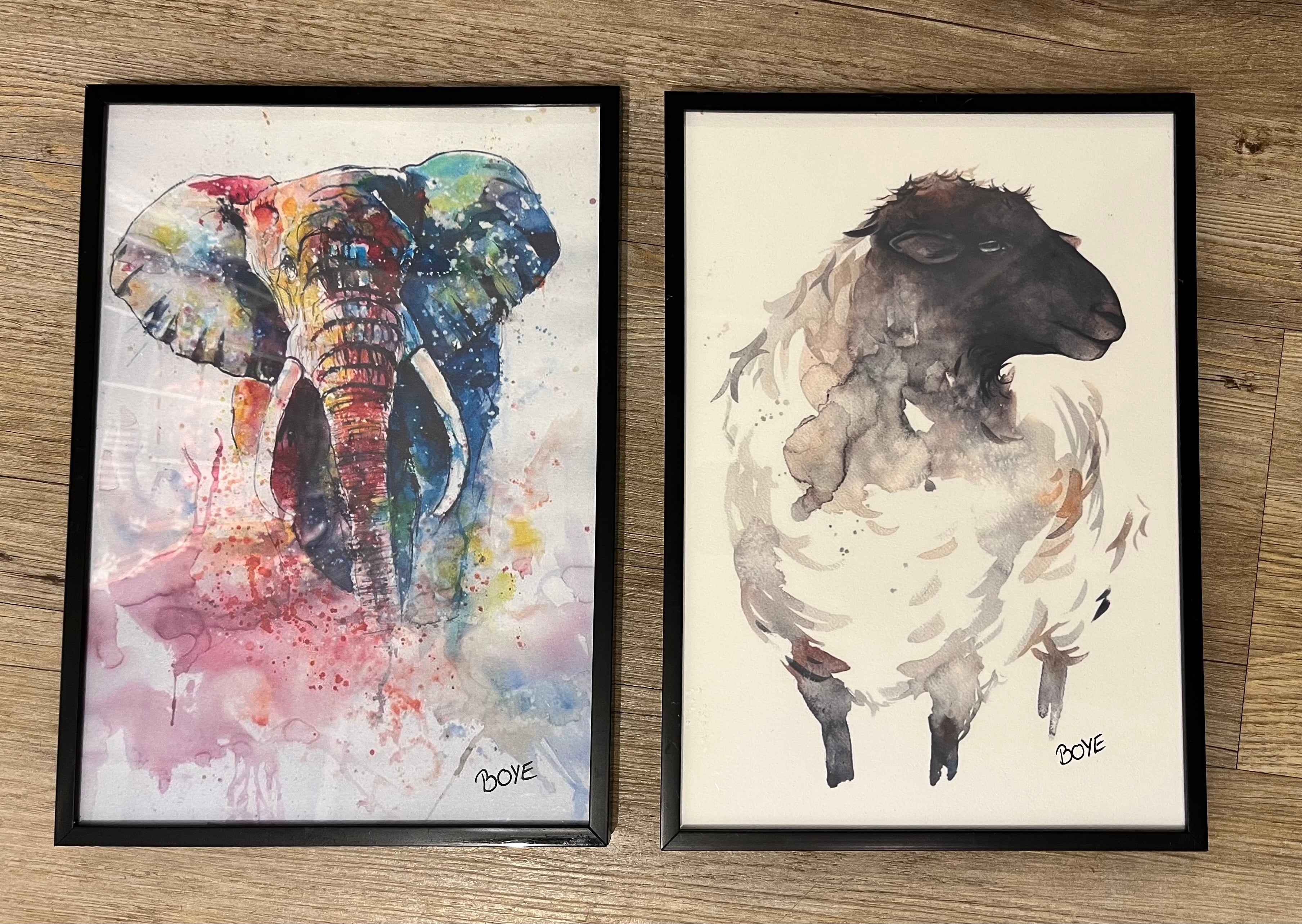 Kunst tryk lavet af akvarel Elefant og får 21x30cm "A4" i sort ramme pris 195,-kr