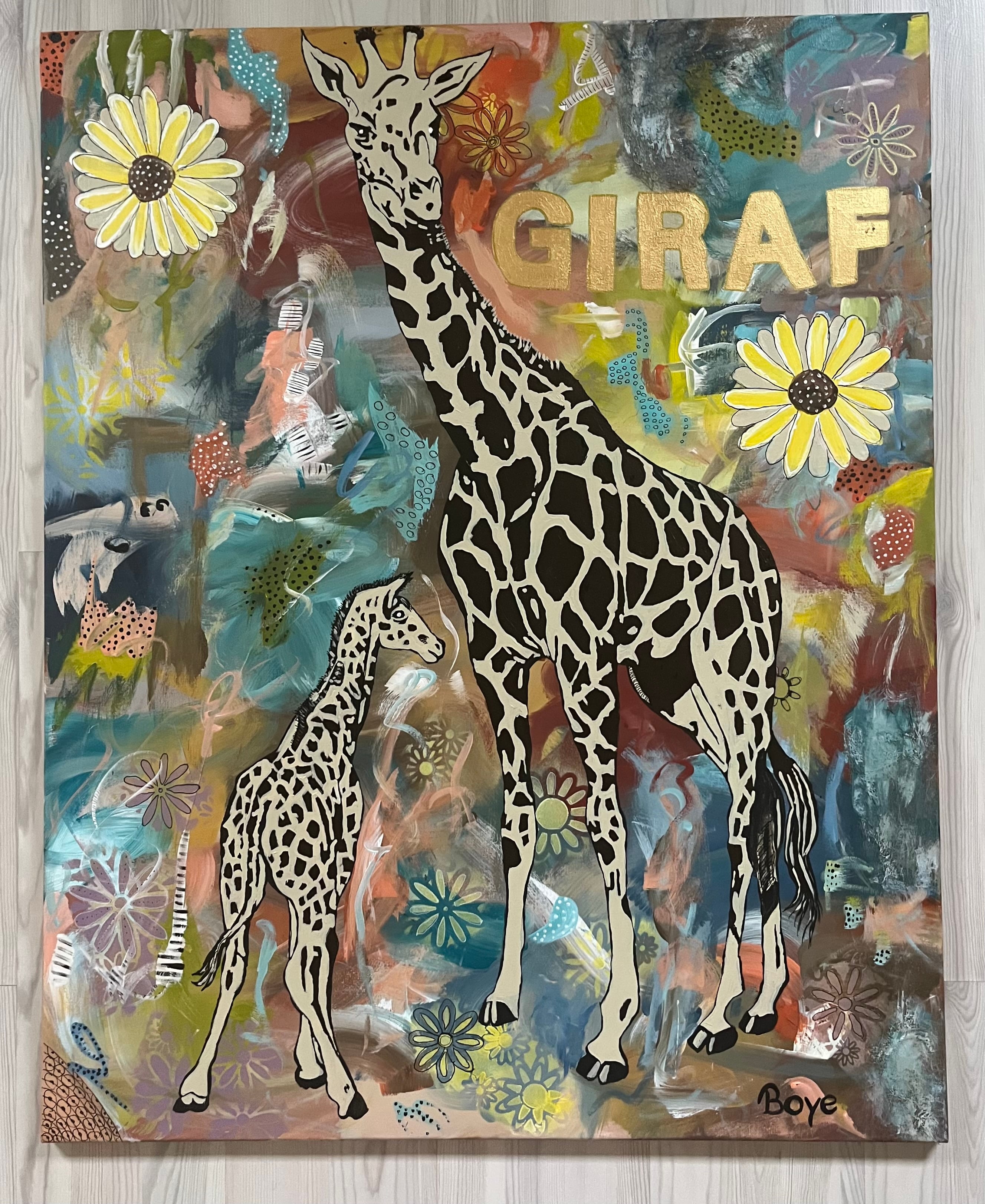 Giraf med unge på abstrakt baggrund malet med akryl på lærred, størrelse 80x100 cm pris 2195,-kr