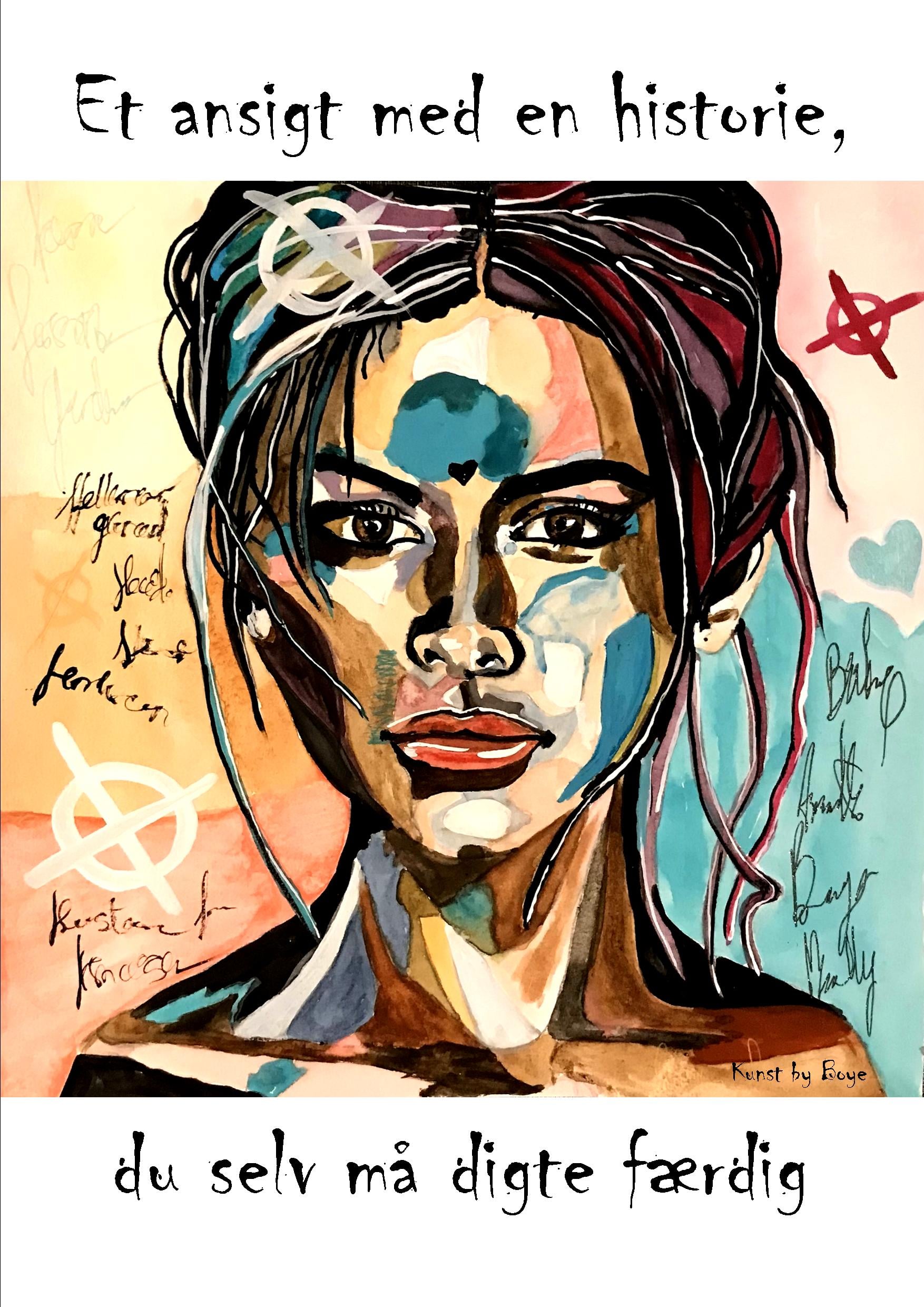 Kunsttryk "Et ansigt med en historie, du selv må digte færdig" efter original akvarel af Annette Boye Kunsttryk "Et ansigt med en historie, du selv må digte færdig" efter original akvarel af Annette Boye