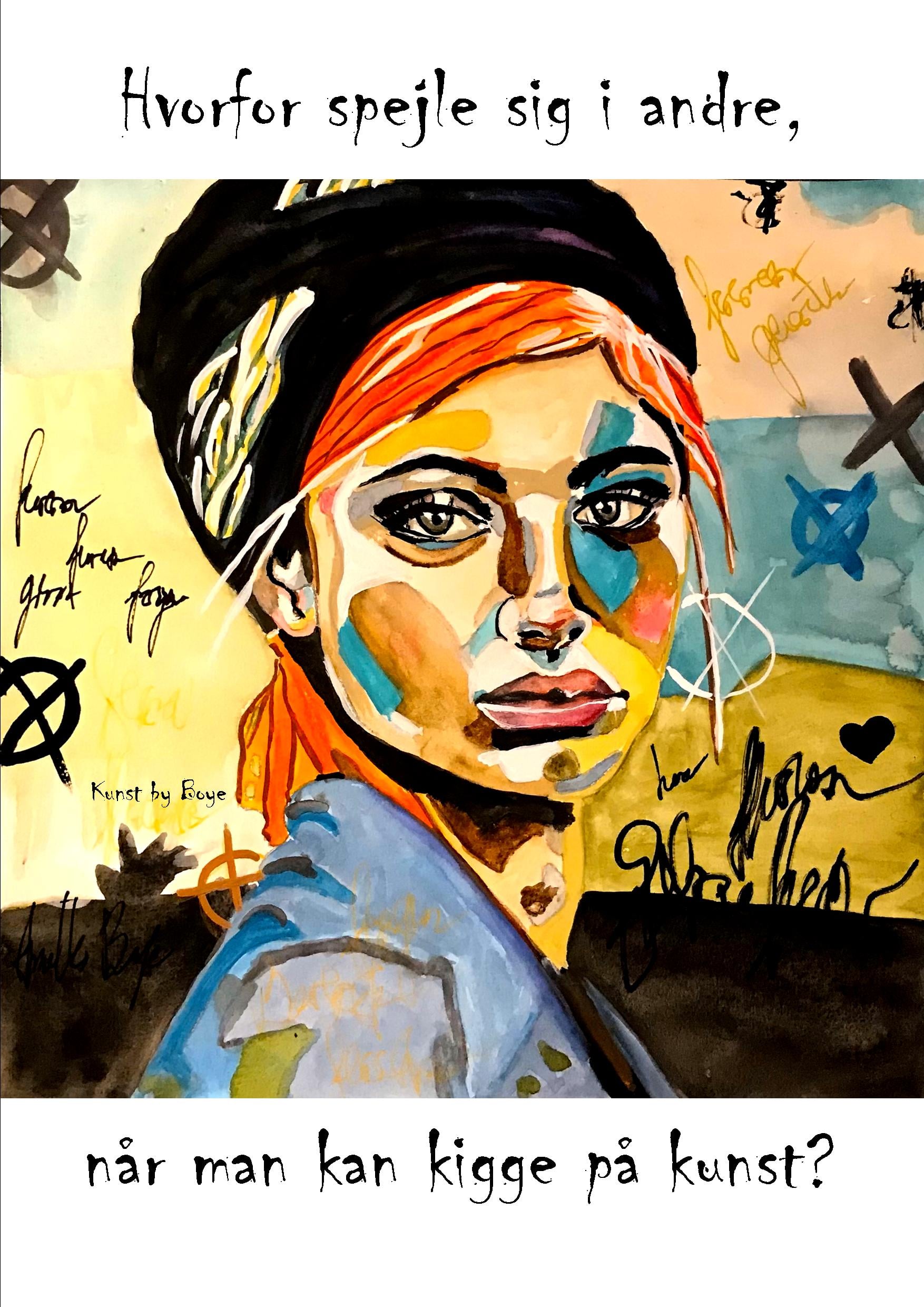 Kunsttryk "Hvorfor spejle sig i andre, når man kan kigge på kunst" efter original akvarel af Annette Boye Kunsttryk "Hvorfor spejle sig i andre, når man kan kigge på kunst" efter original akvarel af Annette Boye