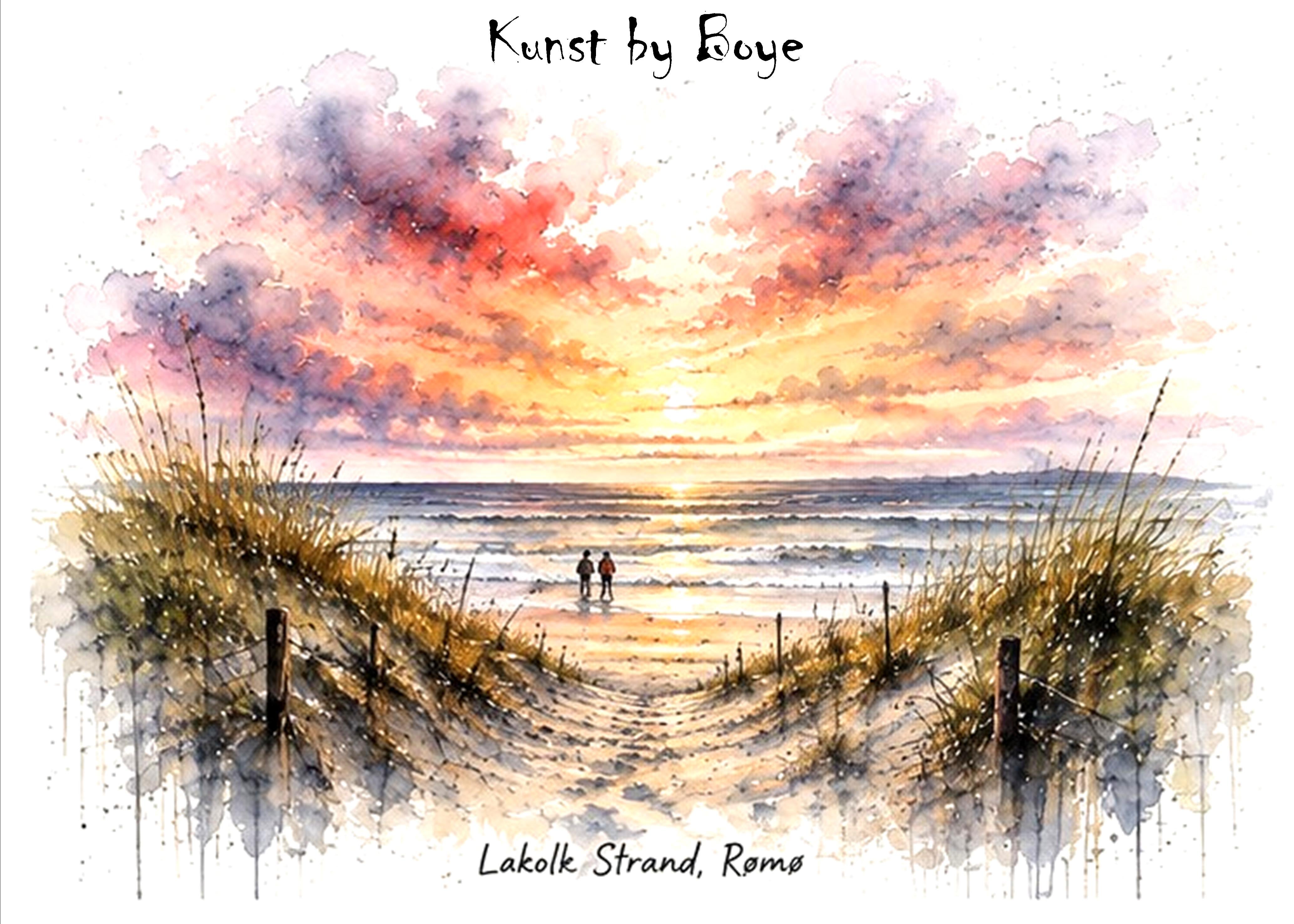 Kunstkort med akvarelmotivet "Solnedgang på Lakolk Strand, Rømø" af Annette Boye