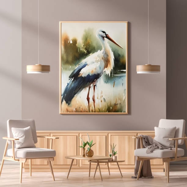 Håndmalet akvarel af Storken vender hjem – Kunst by Boye