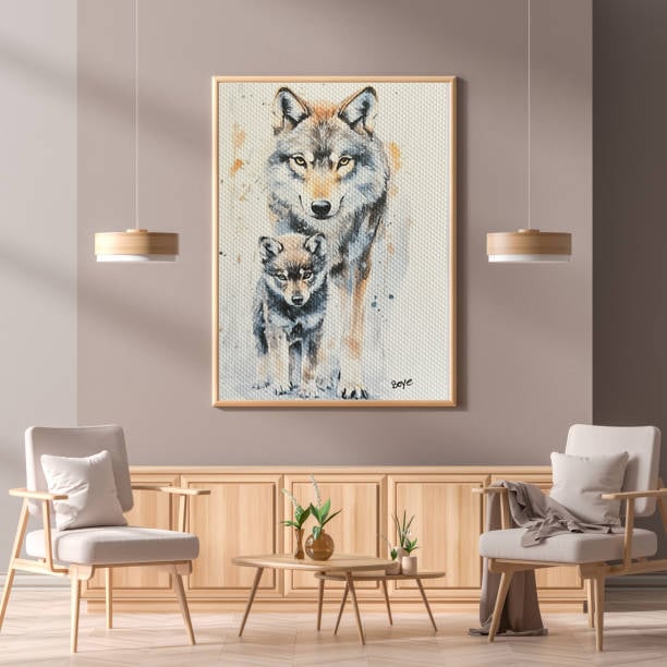 Håndmalet akvarel af Ulv med unge – Kunst by Boye