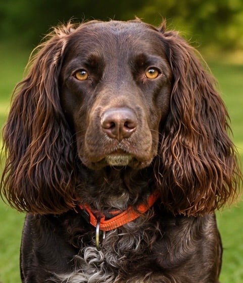 Fotografi af hund brugt som reference til akvarelportræt Tysk wachtelhund Uta
